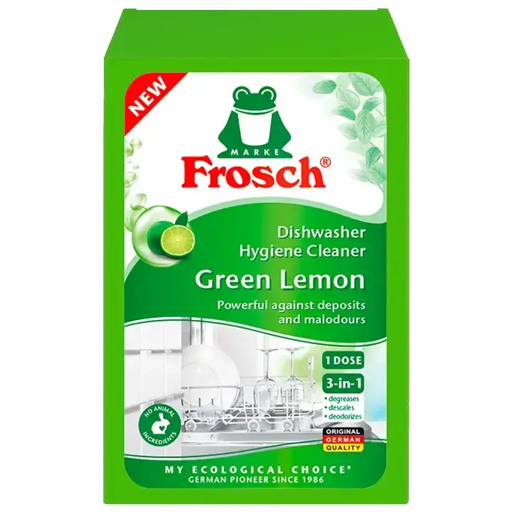 پودر جرم گیر ماشین ظرفشویی آلمانی فروش Frosch قوی در برابر رسوب و بو با رایحه لیمو 125 گرم